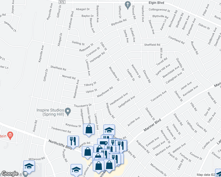 map of restaurants, bars, coffee shops, grocery stores, and more near 11123 Mayflower Road in Spring Hill