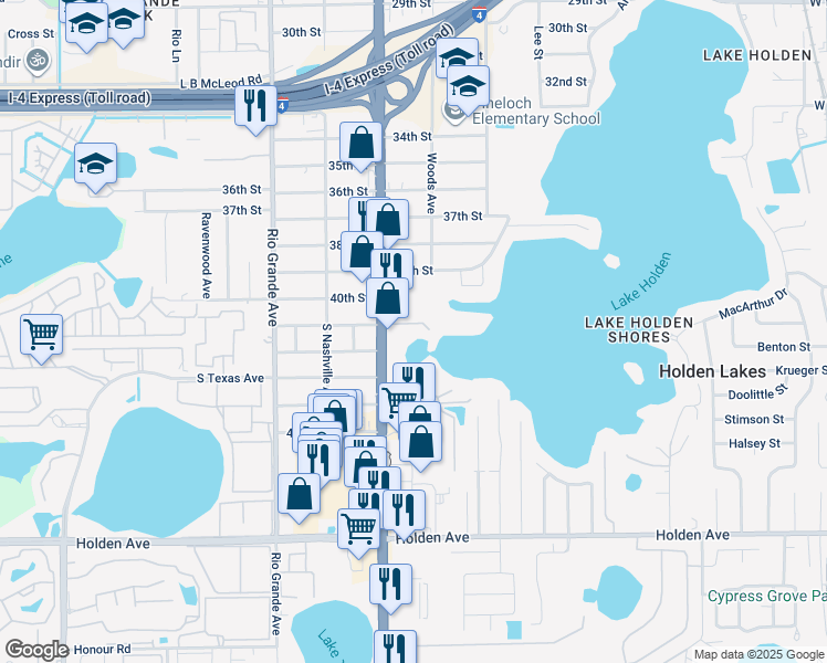 map of restaurants, bars, coffee shops, grocery stores, and more near 1210 41st Street in Orlando