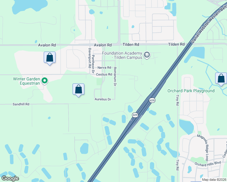 map of restaurants, bars, coffee shops, grocery stores, and more near 2263 Romanum Drive in Winter Garden