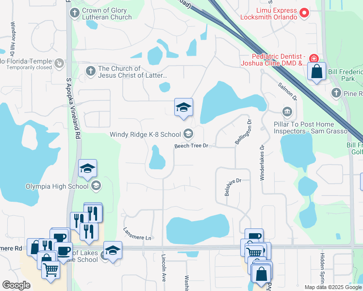 map of restaurants, bars, coffee shops, grocery stores, and more near 3900 Beech Tree Drive in Orlando
