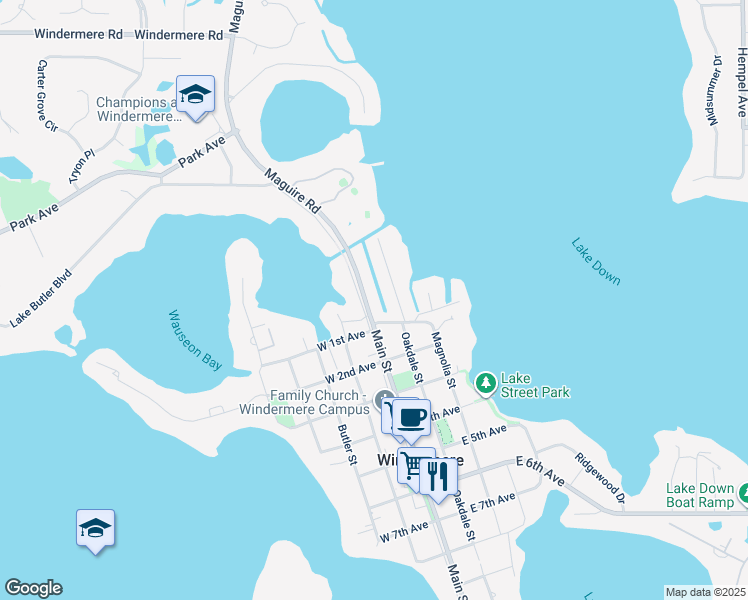 map of restaurants, bars, coffee shops, grocery stores, and more near 61 Main Street in Windermere