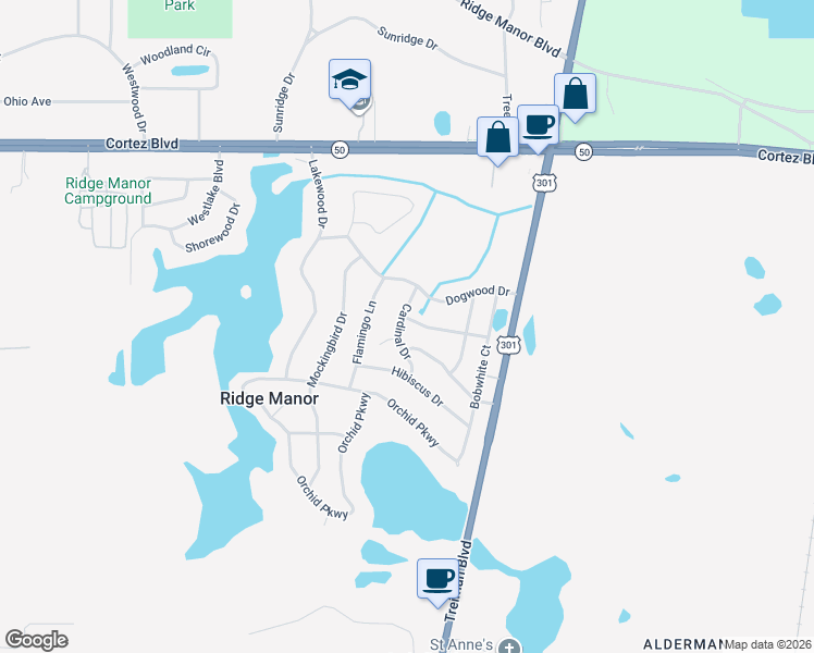 map of restaurants, bars, coffee shops, grocery stores, and more near 4998 Cardinal Drive in Ridge Manor