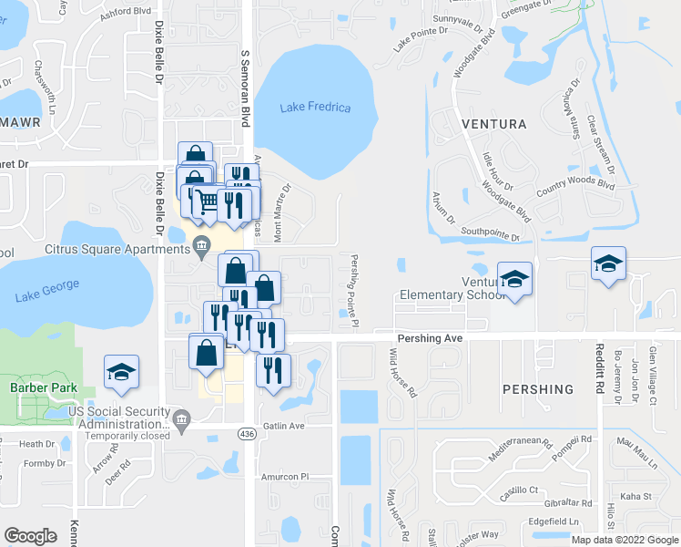 map of restaurants, bars, coffee shops, grocery stores, and more near 4148 Pershing Pointe Place in Orlando