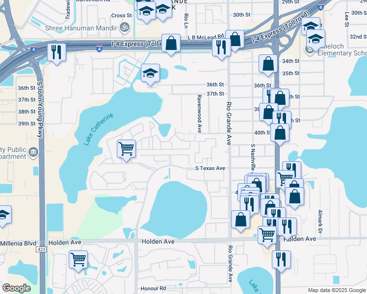 map of restaurants, bars, coffee shops, grocery stores, and more near 4036 Norwich Road in Orlando