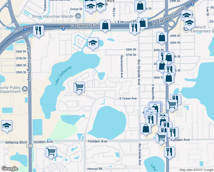 map of restaurants, bars, coffee shops, grocery stores, and more near 4026 Billingsgate Road in Orlando
