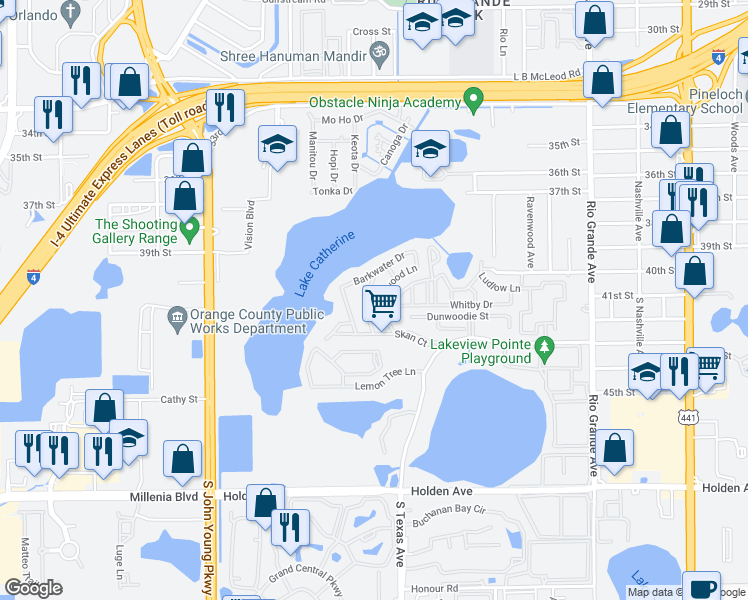 map of restaurants, bars, coffee shops, grocery stores, and more near 4184 Inglenook Lane in Orlando