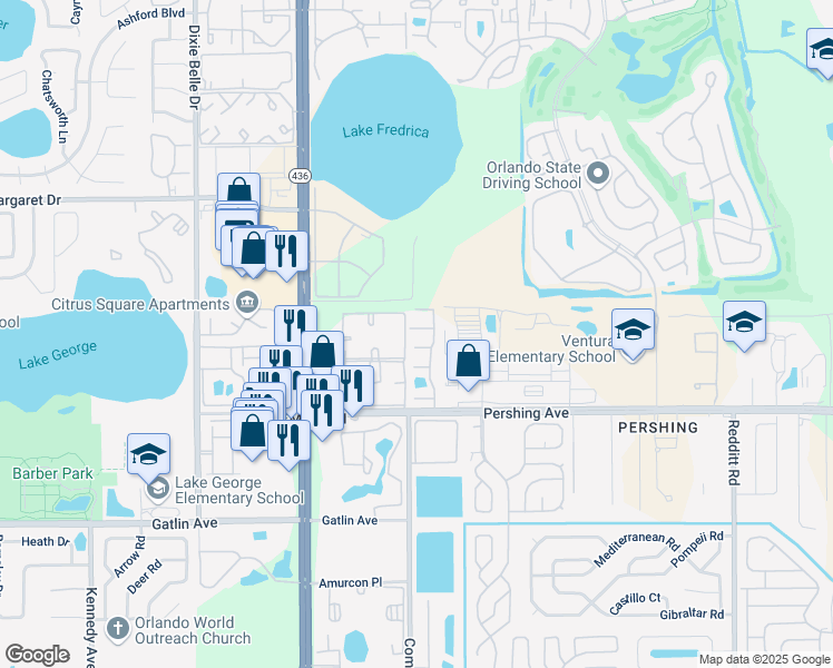 map of restaurants, bars, coffee shops, grocery stores, and more near 4148 Pershing Pointe Place in Orlando