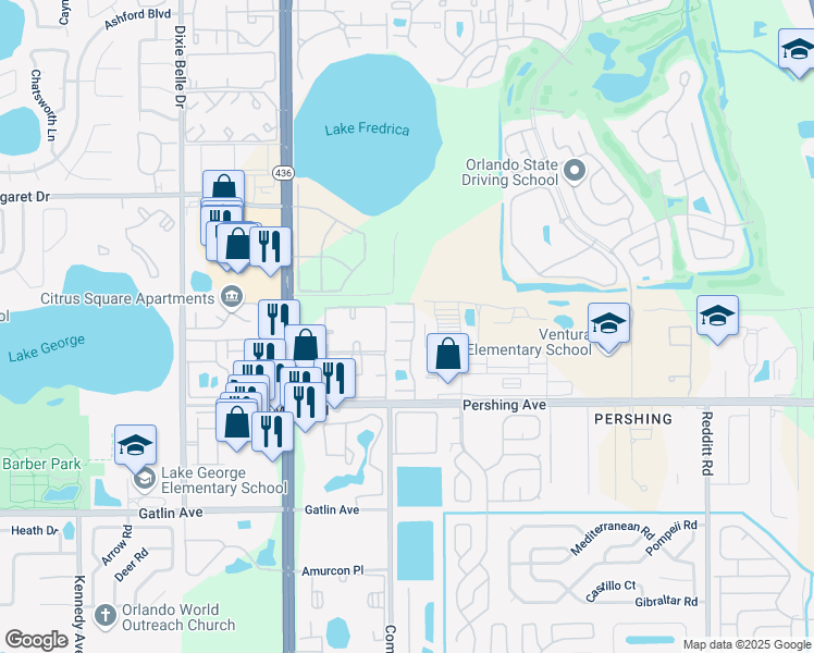 map of restaurants, bars, coffee shops, grocery stores, and more near 4160 Pershing Pointe Place in Orlando