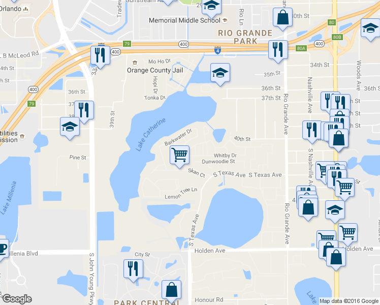 map of restaurants, bars, coffee shops, grocery stores, and more near 1840 Warringwood Drive in Orlando