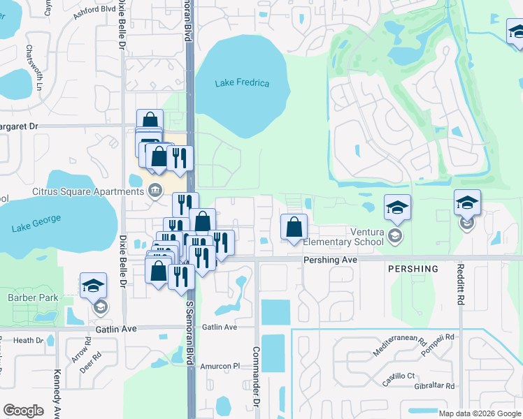 map of restaurants, bars, coffee shops, grocery stores, and more near 4148 Pershing Pointe Place in Orlando