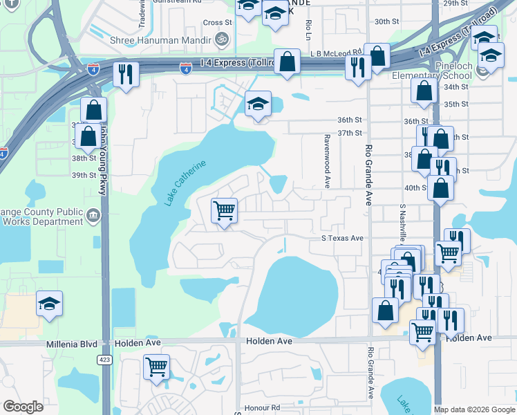 map of restaurants, bars, coffee shops, grocery stores, and more near 4021 Woodfern Drive in Orlando