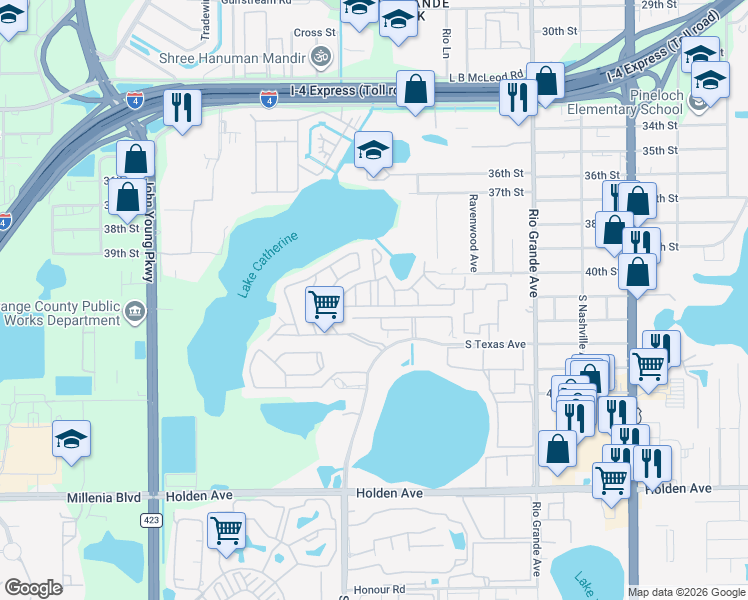 map of restaurants, bars, coffee shops, grocery stores, and more near 4021 Woodfern Drive in Orlando