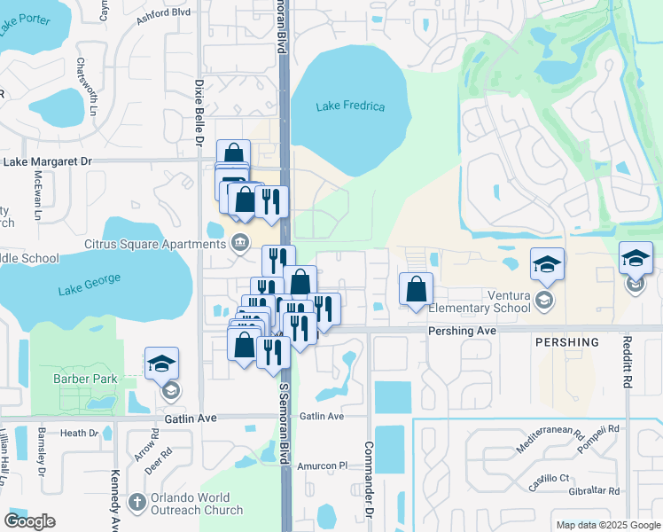 map of restaurants, bars, coffee shops, grocery stores, and more near 4151 South Semoran Boulevard in Orlando