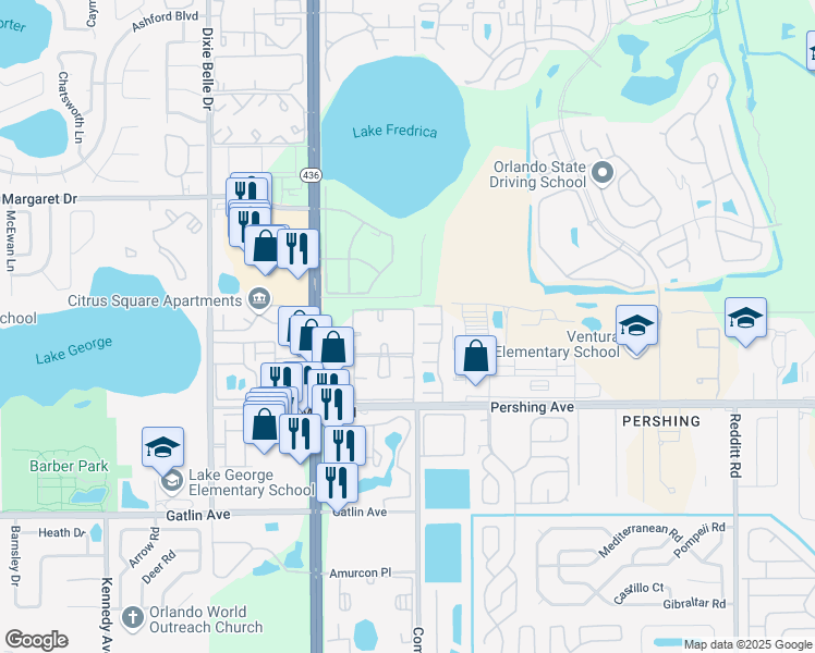 map of restaurants, bars, coffee shops, grocery stores, and more near 4148 Pershing Pointe Place in Orlando