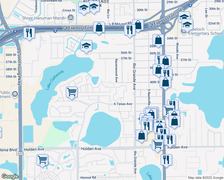 map of restaurants, bars, coffee shops, grocery stores, and more near 4036 Norwich Road in Orlando