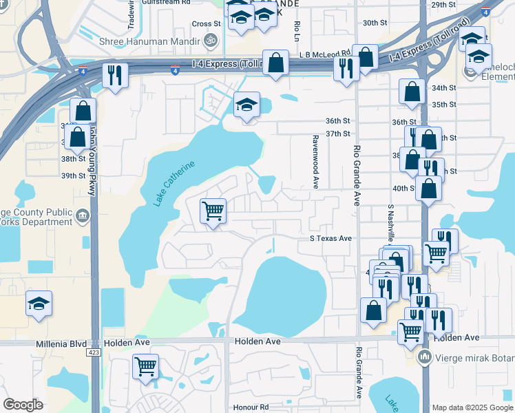 map of restaurants, bars, coffee shops, grocery stores, and more near 4021 Woodfern Drive in Orlando