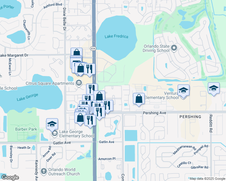 map of restaurants, bars, coffee shops, grocery stores, and more near 4217 South Semoran Boulevard in Orlando