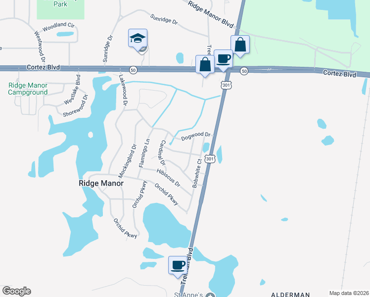 map of restaurants, bars, coffee shops, grocery stores, and more near 34799 Evergreen Way in Ridge Manor