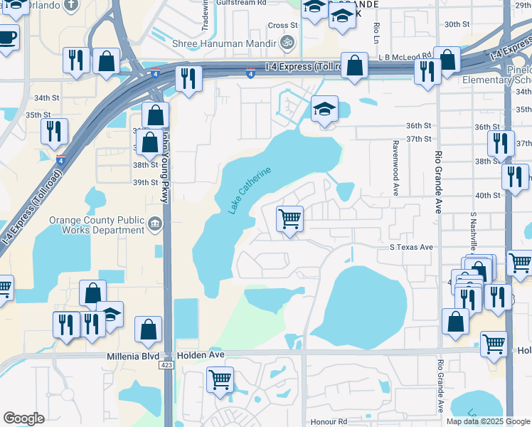 map of restaurants, bars, coffee shops, grocery stores, and more near 4184 Inglenook Lane in Orlando