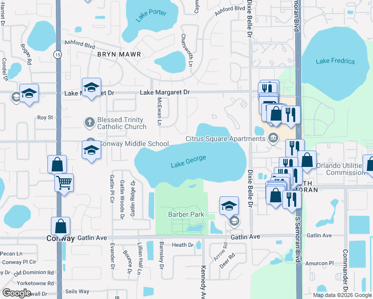 map of restaurants, bars, coffee shops, grocery stores, and more near 3236 Lake George Cove Drive in Orlando