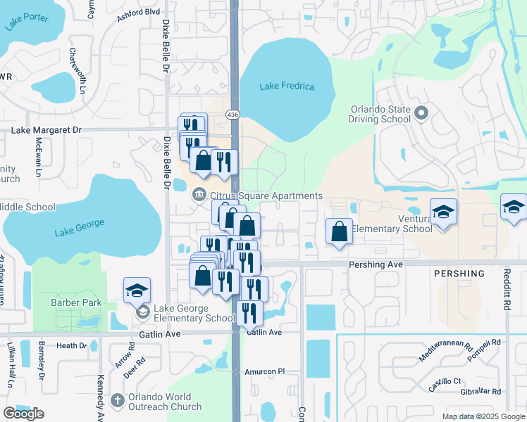 map of restaurants, bars, coffee shops, grocery stores, and more near 4149 South Semoran Boulevard in Orlando