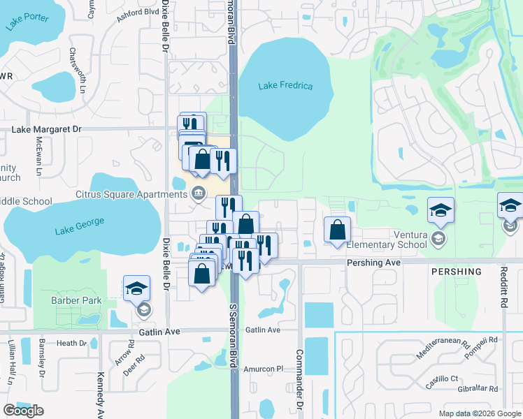 map of restaurants, bars, coffee shops, grocery stores, and more near 4209 South Semoran Boulevard in Orlando