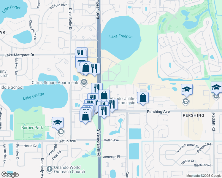 map of restaurants, bars, coffee shops, grocery stores, and more near 4209 South Semoran Boulevard in Orlando
