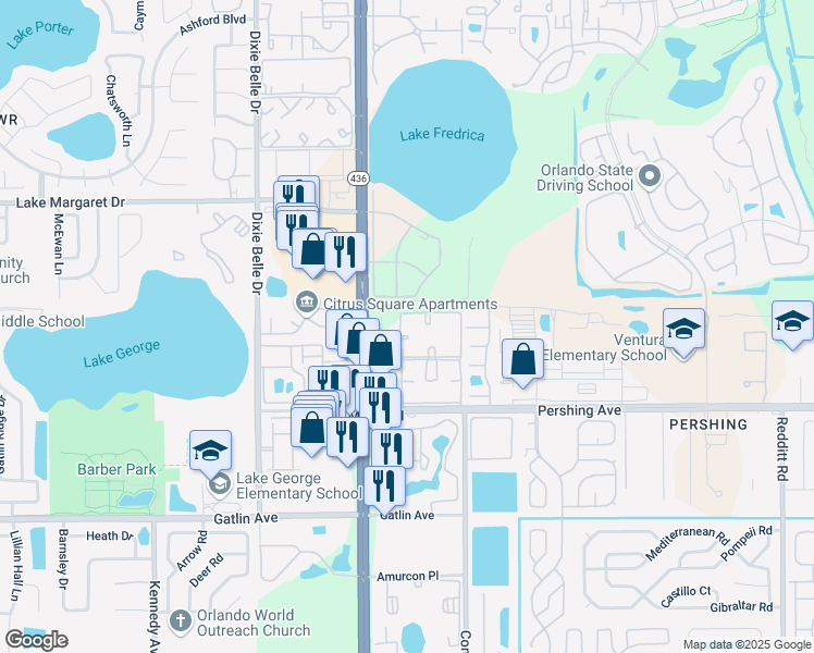 map of restaurants, bars, coffee shops, grocery stores, and more near 4209 South Semoran Boulevard in Orlando
