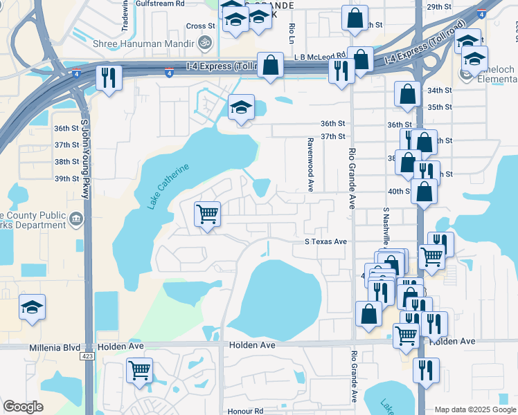 map of restaurants, bars, coffee shops, grocery stores, and more near 4026 Billingsgate Road in Orlando