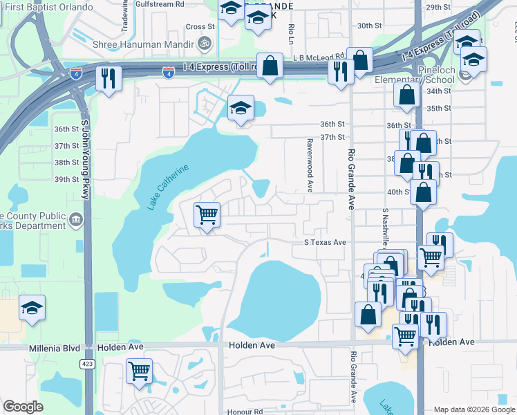 map of restaurants, bars, coffee shops, grocery stores, and more near 4026 Billingsgate Road in Orlando