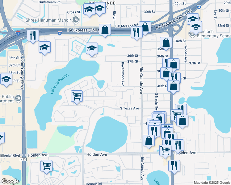 map of restaurants, bars, coffee shops, grocery stores, and more near 4036 Norwich Road in Orlando