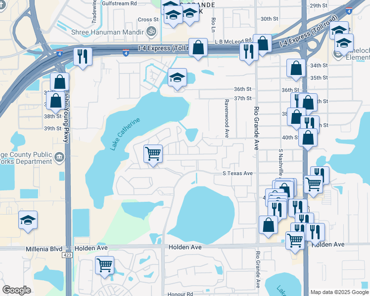 map of restaurants, bars, coffee shops, grocery stores, and more near 4021 Woodfern Drive in Orlando