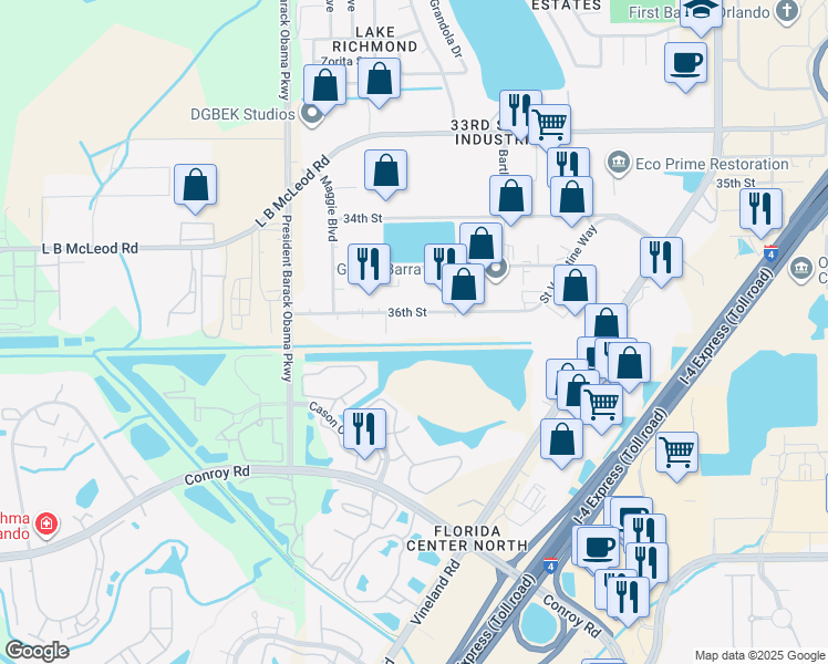 map of restaurants, bars, coffee shops, grocery stores, and more near 4520 36th Street in Orlando