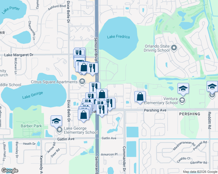 map of restaurants, bars, coffee shops, grocery stores, and more near 4111 South Semoran Boulevard in Orlando