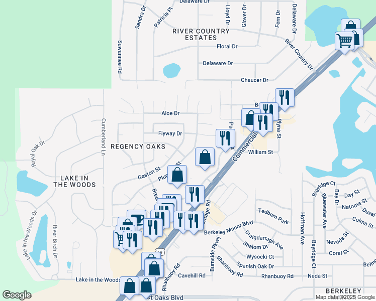 map of restaurants, bars, coffee shops, grocery stores, and more near 5001 Plumosa Street in Spring Hill
