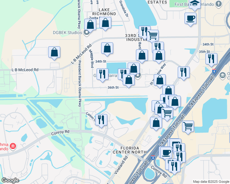 map of restaurants, bars, coffee shops, grocery stores, and more near 4520 36th Street in Orlando