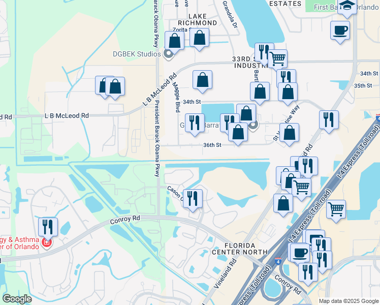map of restaurants, bars, coffee shops, grocery stores, and more near 4600 36th Street in Orlando