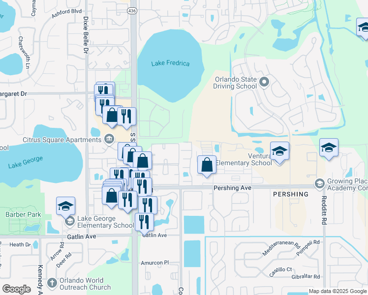 map of restaurants, bars, coffee shops, grocery stores, and more near 4148 Pershing Pointe Place in Orlando