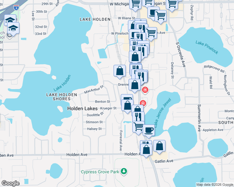 map of restaurants, bars, coffee shops, grocery stores, and more near 3828 Bainbridge Avenue in Orlando