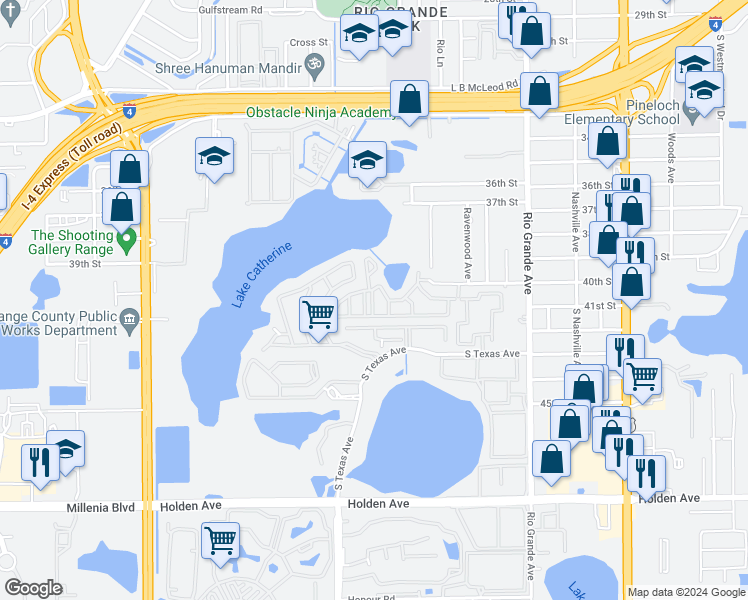 map of restaurants, bars, coffee shops, grocery stores, and more near 4021 Woodfern Drive in Orlando