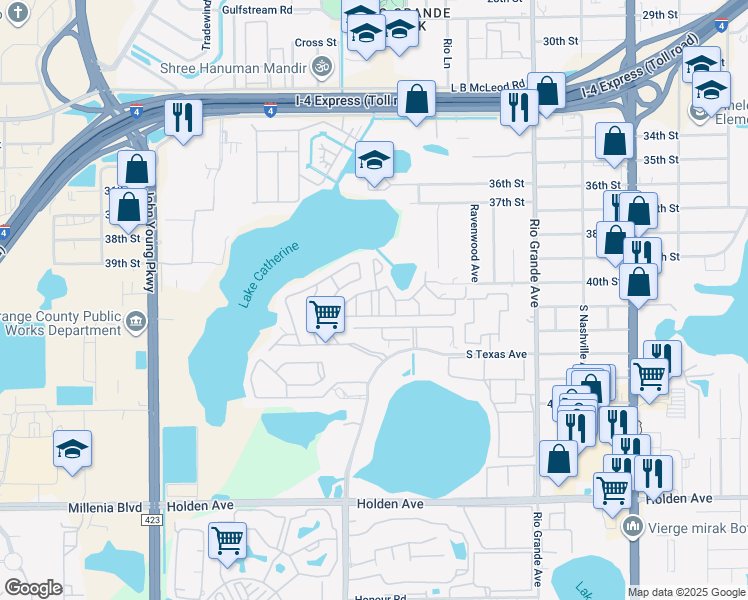 map of restaurants, bars, coffee shops, grocery stores, and more near 4021 Woodfern Drive in Orlando
