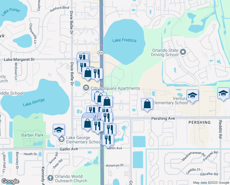 map of restaurants, bars, coffee shops, grocery stores, and more near 4111 South Semoran Boulevard in Orlando