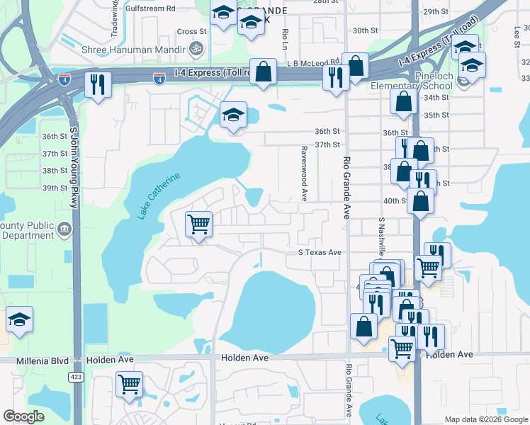 map of restaurants, bars, coffee shops, grocery stores, and more near 4026 Billingsgate Road in Orlando