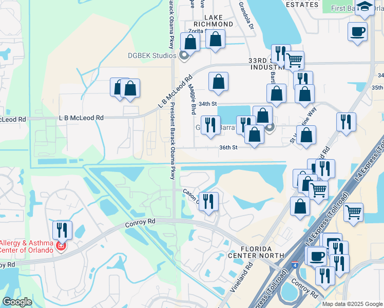map of restaurants, bars, coffee shops, grocery stores, and more near 4710 36th Street in Orlando