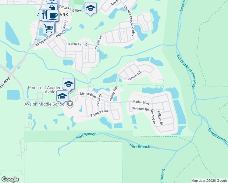map of restaurants, bars, coffee shops, grocery stores, and more near 14261 Mailer Boulevard in Orlando