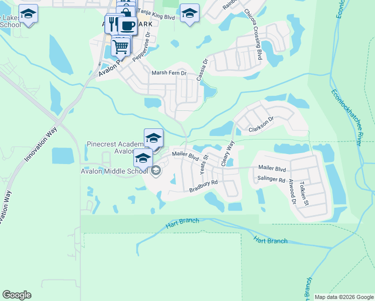 map of restaurants, bars, coffee shops, grocery stores, and more near 14114 Mailer Boulevard in Orlando