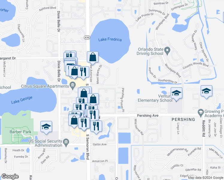 map of restaurants, bars, coffee shops, grocery stores, and more near 4217 South Semoran Boulevard in Orlando