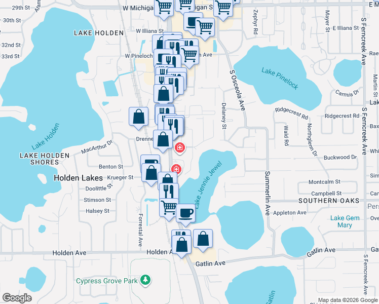 map of restaurants, bars, coffee shops, grocery stores, and more near 3837 Oakwater Circle in Orlando