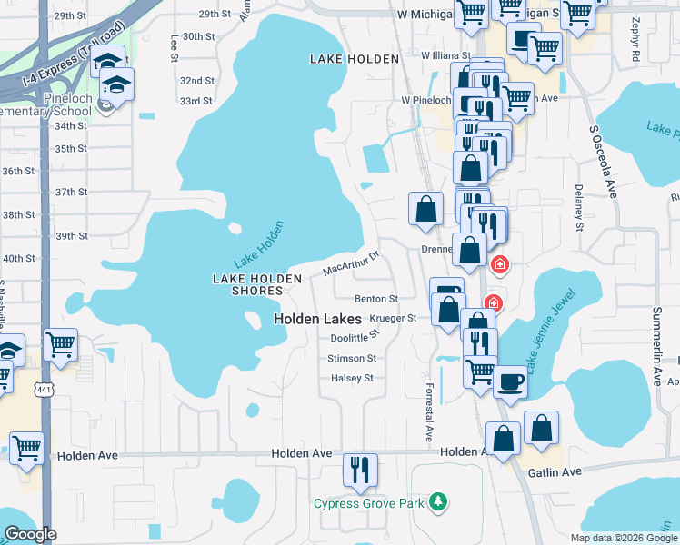 map of restaurants, bars, coffee shops, grocery stores, and more near 332 Spencer Street in Orlando