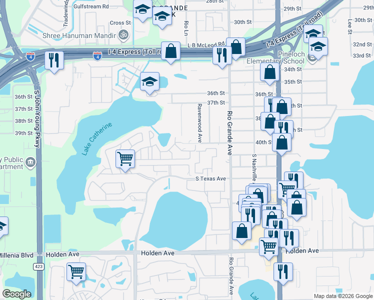 map of restaurants, bars, coffee shops, grocery stores, and more near 2001 Whitby Drive in Orlando